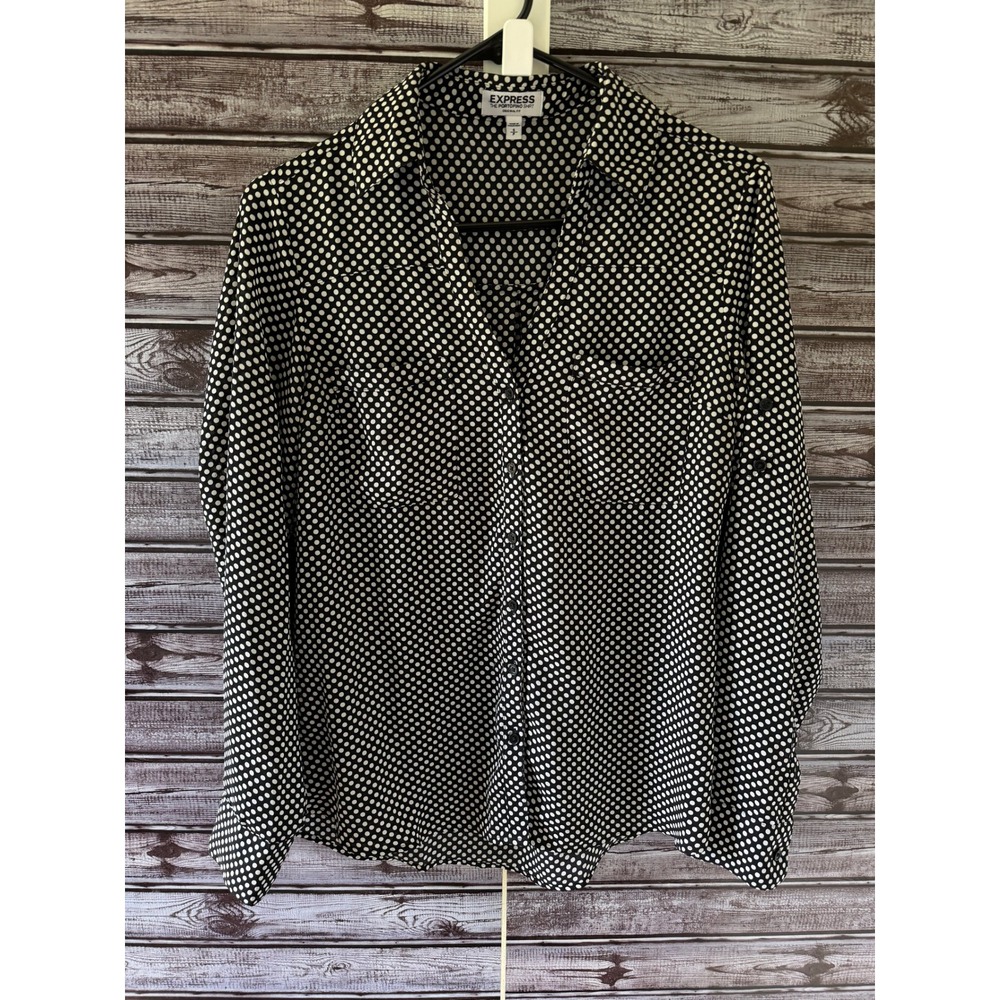 Express Women's The Portofino Shirt Small Black White Polka Dot Blouse V-Neck